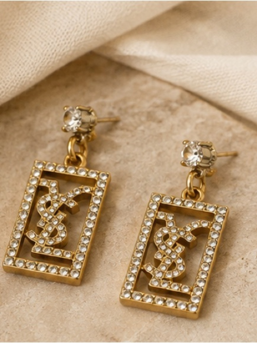 Gold Crystal Monogram Rectangle Dangle Earrings